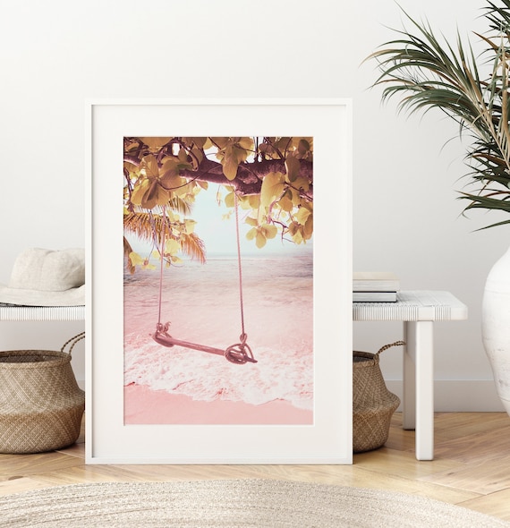 Beach Wall Art Print ~ Summer Topical Decor ~ Pastel Pink and Peach Tones ~ Beachy Swing ~ Digital Download