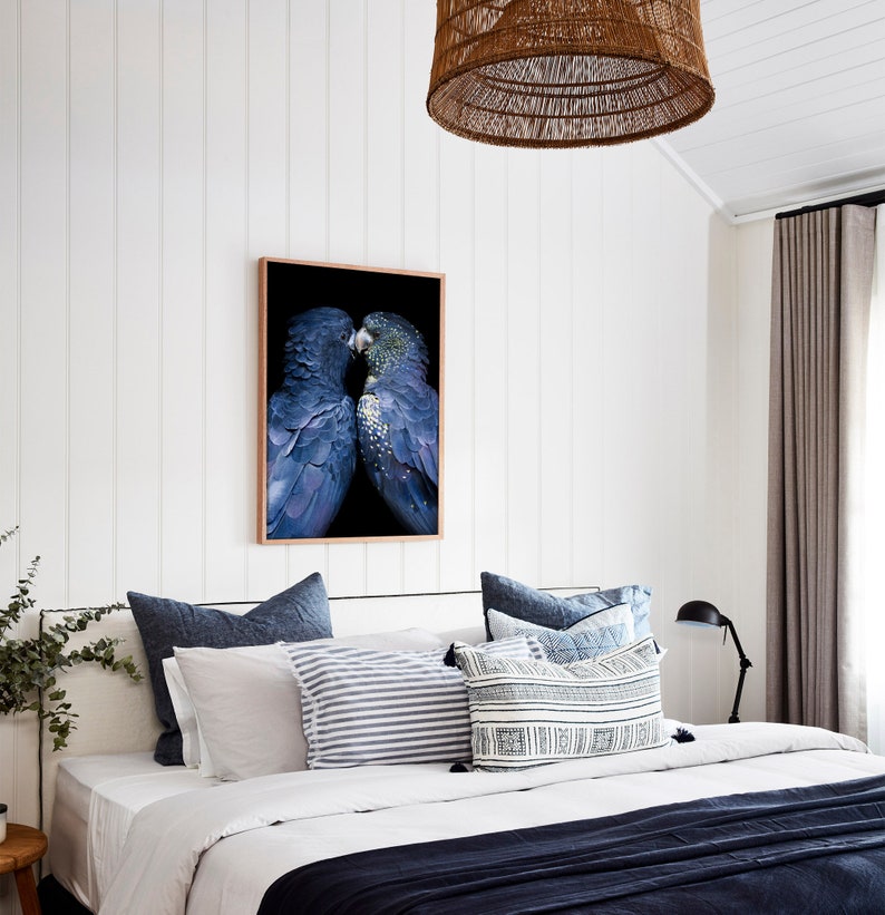 May include: A framed art print featuring two blue parrots with detailed feather textures, set against a black background. The artwork is displayed above a bed with various pillows and a dark blue blanket. The room has white walls and a woven pendant light.