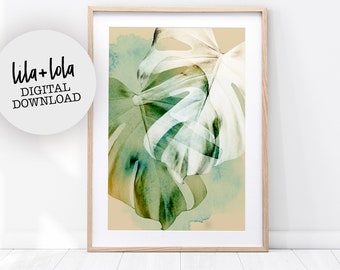 Printable Monstera Leaf Print, Abstract Botanical Watercolour Plant Wall Art, Tropical Decor, Large Modern Poster, Digital Download Green