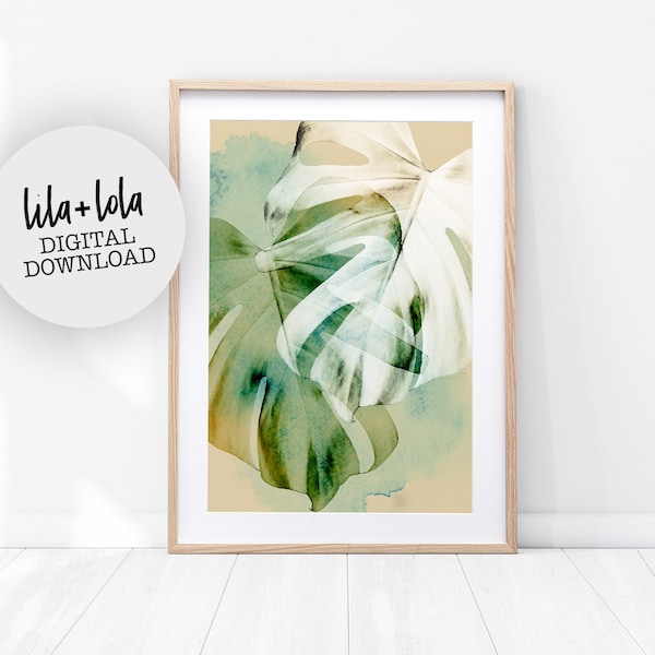 Printable Monstera Leaf Print, Abstract Botanical Watercolour Plant Wall Art, Tropical Decor, Large Modern Poster, Digital Download Green