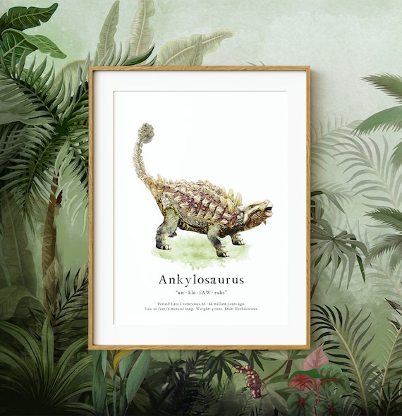 Dinosaur Wall Art Print ~ Ankylosaurus Watercolor Picture with Fun Facts ~ Digital Download