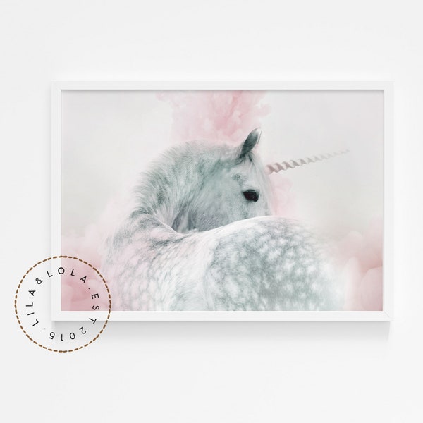 Estampado de unicornio ~ Decoración de arte de pared de dormitorio o guardería para niñas ~ Póster rosa y gris