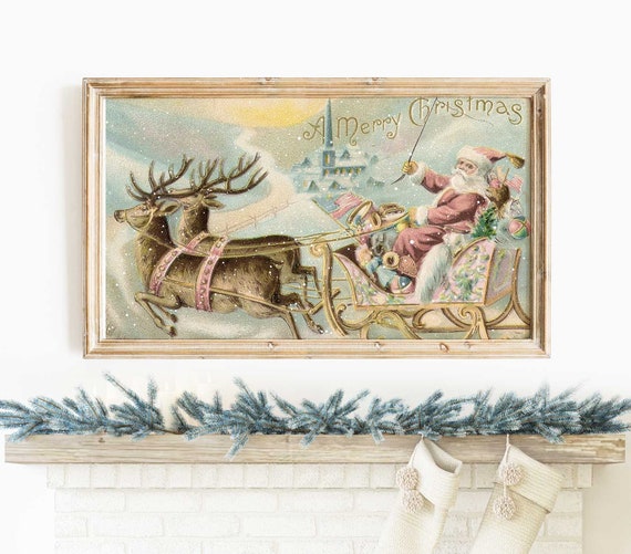 Samsung frame tv art Christmas, Retro Santa art for Frame TV, Pink Santa Sleigh and Reindeer, Vintage Holiday Home Decor