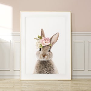 Bunny Print Nursery Wall Art ~ Girls Bedroom Decor ~ Lapin avec couronne florale rose ~ Téléchargement numérique imprimable