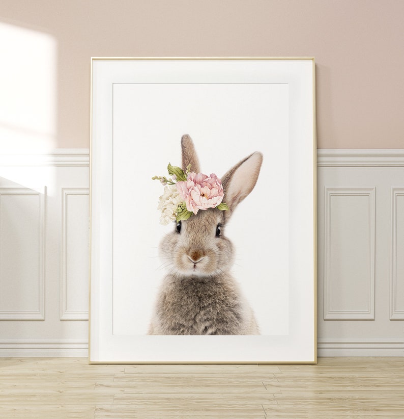 Bunny Print Nursery Wall Art Girls Bedroom Decor Rabbit with Pink Floral Crown Printable Digital Download image 1