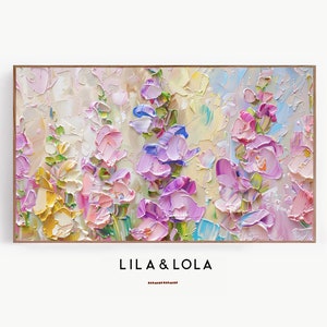 May include: Abstract painting of a floral bouquet with pink, purple, and yellow flowers. The flowers are painted in a textured style with visible brushstrokes. The background is a light yellow with hints of blue and green.