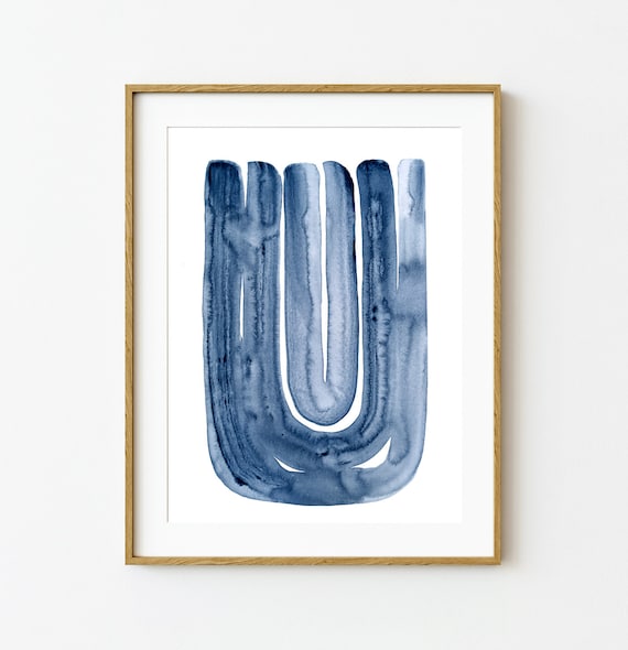 Navy Blue Abstract Print ~ Printable Wall Art ~ Watercolour Brush Stroke Painting ~ Large Artwork Poster ~ Digital Download