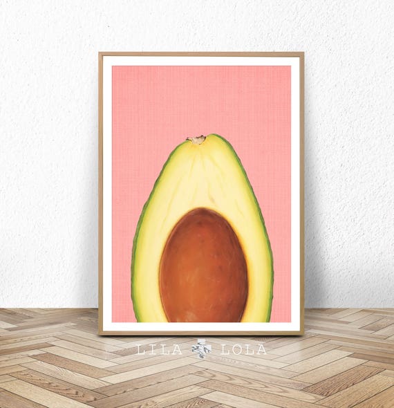 Kitchen Wall Art Print, Avocado Poster, Tropical Fruit Decor, Large Printable Poster, Digital Download, Modern Minimalist, Pink and Yellow