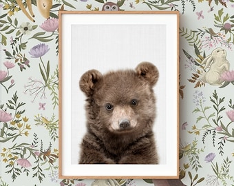 Baby Bear Wall Art Print ~ Woodland Animal Nursery Decor ~ Printable Digital Download ~ Grey Background