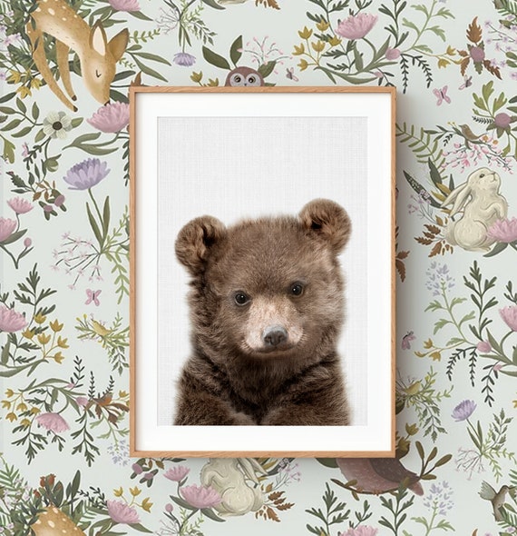 Baby Bear Wall Art Print ~ Woodland Animal Nursery Decor ~ Printable Digital Download ~ Grey Background