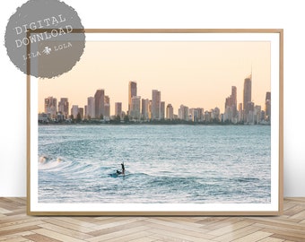 Surf Print, Digital Download, Ocean Photography, Beach Coastal Wall Art, Printable Large Surfing Poster, Australian Decor, Surfers Paradise