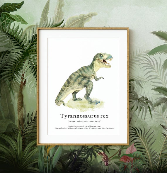 Dinosaur Poster, Wall Art Poster Print ~ Tyrannosaurus Rex Watercolor Picture with Fun Facts ~ Printable Digital Download