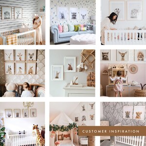 May include: A collage of nine images showcasing different nursery decor ideas featuring animal prints, including a lion, giraffe, deer, rabbit, and koala. The images feature various styles and colour palettes, including neutral tones, pastel colours, and bold patterns. The images also feature different types of furniture, such as cots, dressers, and play tents.