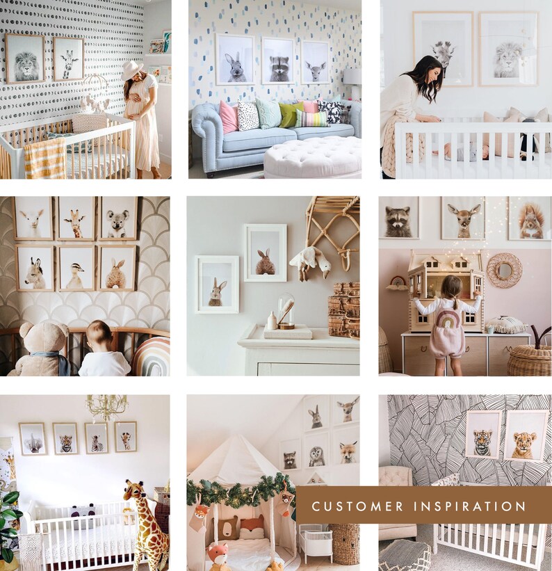 May include: A collage of nine images showcasing different nursery decor ideas featuring animal prints, including a lion, giraffe, deer, rabbit, and koala. The images feature various styles and colour palettes, including neutral tones, pastel colours, and bold patterns. The images also feature different types of furniture, such as cots, dressers, and play tents.