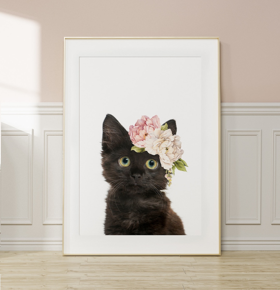 Black Kitten Wall Art Print With Flower Crown ~ Girls Bedroom Decor ...