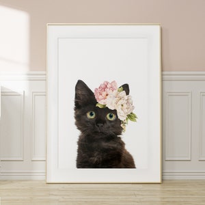 Black Kitten Wall Art Print with Flower Crown ~ Girls Bedroom Decor ~ Printable Digital Download