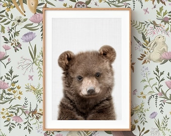 Baby Bear Wall Art Print ~ Woodland Animal Nursery Decor ~ Printed and Shipped ~ Grey Background