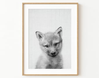 Baby Wolf Wall Art Print ~ Nursery Room Decor, Wild Animal ~ Black and White Photo ~ Printable Poster ~ Digital Download