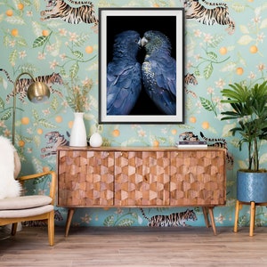 May include: A framed art print featuring two blue-black parrots with yellow accents, set against a black background. The artwork is displayed on a wooden cabinet with a geometric design, in a room with tiger and floral wallpaper.