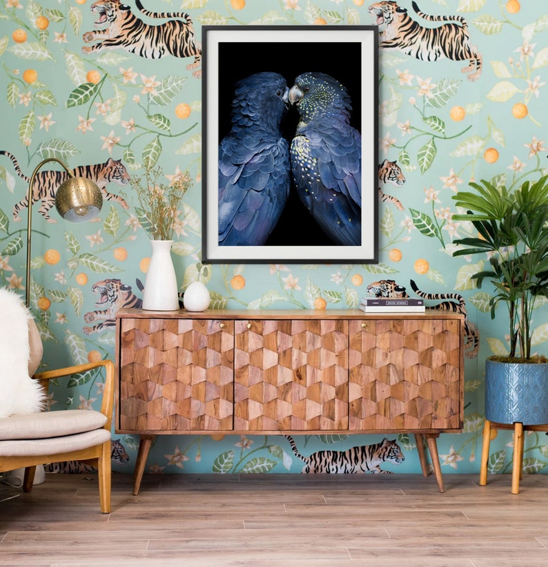 May include: A framed art print featuring two blue-black parrots with yellow accents, set against a black background. The artwork is displayed on a wooden cabinet with a geometric design, in a room with tiger and floral wallpaper.