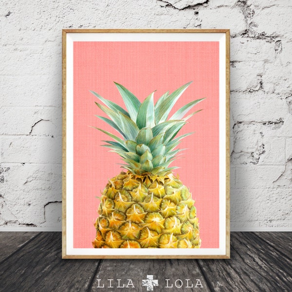 Druckbare Ananas, Tropischer Druck, WandKunst Dekor, bunt, Küche Obst, Digitaler Download, Modern Minimalist, Koralle Rosa, Poster