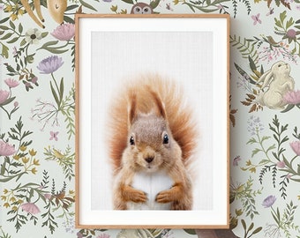 Squirrel Wall Art Print ~ Woodland Animal Nursery Decor ~ Printable Digital Download ~ Grey Background