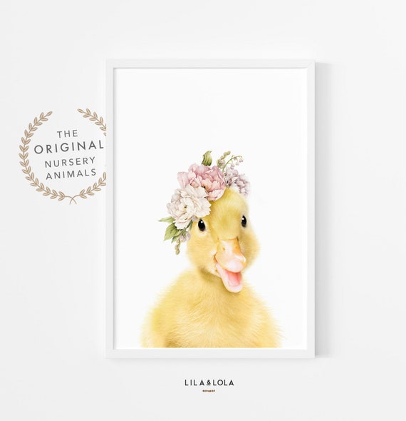 Duckling with Flower Crown, Wall Art Print - Farmhouse Nursery Decor - Girls Bedroom Printable ~ Farm Animal Poster