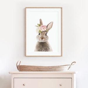 Bunny Print Nursery Wall Art Girls Bedroom Decor Rabbit with Pink Floral Crown Printable Digital Download image 4