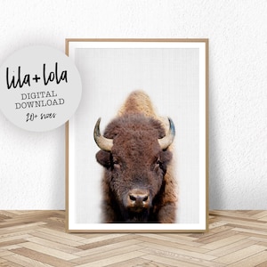 Buffelfototryck: Minimalistisk bisonposter, barnrumsdekor (digital nedladdning)