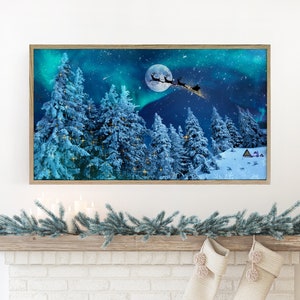 Samsung frame tv art Christmas, frame tv art Santa sleigh and reindeers in night sky, Christmas frame tv art, Santa frame tv art