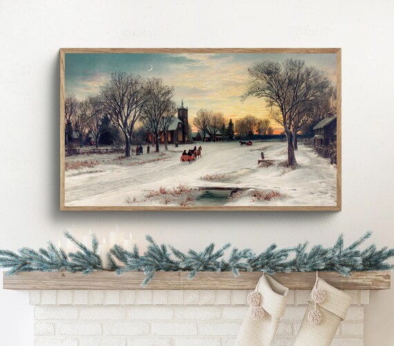 Christmas Frame TV Art, Samsung ~ A Snowy Winter's Night in an Old Village ~ People, Horse Cart, Church ~ Vintage Painting
