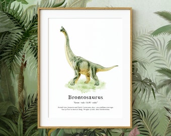Dinosaur Wall Art Poster Print ~ Brontosaurus Watercolor Picture with Fun Facts ~ Digital Download