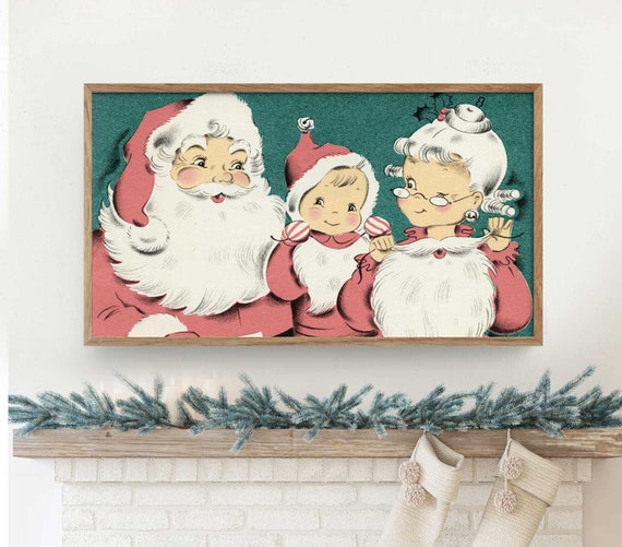 Samsung Frame TV Art Christmas, Retro Pink Santa Clause Family, Vintage Holiday Decor, Digital Download