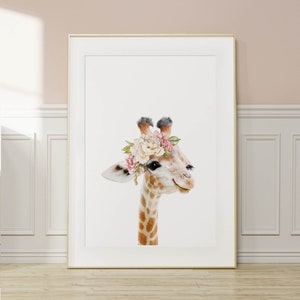 Estampado de jirafa bebé con flores ~ Arte de pared para guardería de niñas ~ Decoración de dormitorio con animales de safari ~ Póster imprimible ~ Descarga digital