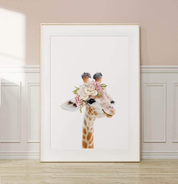 Baby Giraffe Print with Flowers ~ Girls Nursery Wall art ~ Safari Animal Bedroom Decor ~ Printable Poster ~ Digital Download