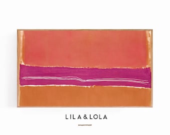 May include: Abstract painting with horizontal stripes in shades of orange, pink, and brown. The painting has a white line running through the center.