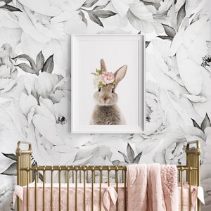 Bunny Print Nursery Wall Art Girls Bedroom Decor Rabbit with Pink Floral Crown Printable Digital Download image 2