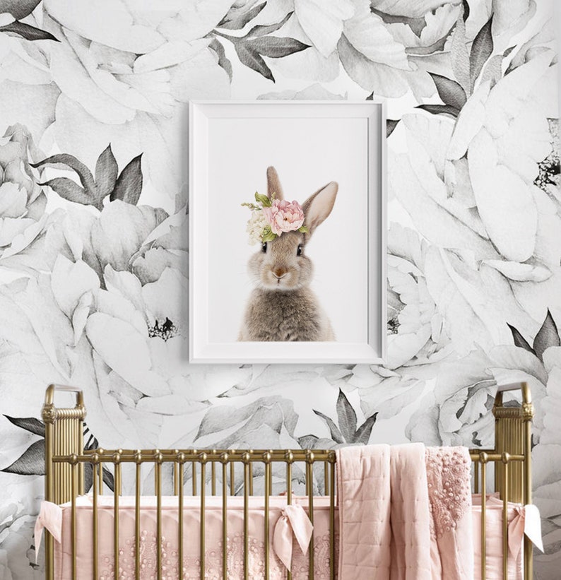 Bunny Print Nursery Wall Art Girls Bedroom Decor Rabbit with Pink Floral Crown Printable Digital Download image 2