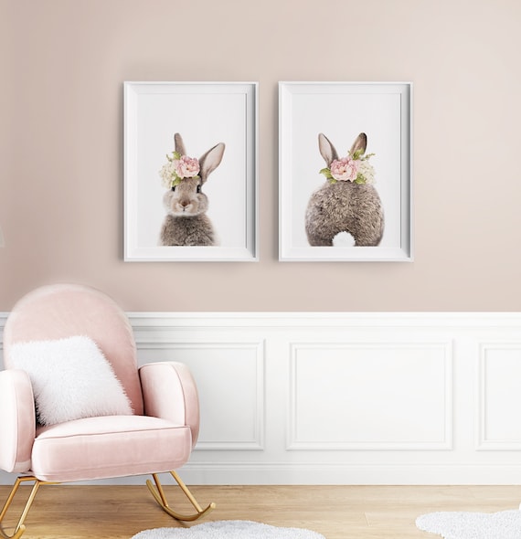 Girls Nursery Room Print ~ Bunny Rabbit Wall Art ~ Pink Flower Crown ~ Set of 2 ~ Printable Instant Digital Download ~ Bedroom Poster