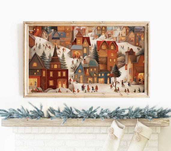 Frame tv art Christmas, frame tv art Winter landscape scene, little village houses, town, buildings, people