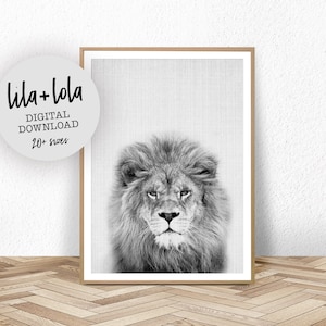 Nursery Animal Print, Lion Print, Wall Art, Kids Room Poster, Printable Boys Gift, Digital Download, Black and White Lion, Lila and Lola