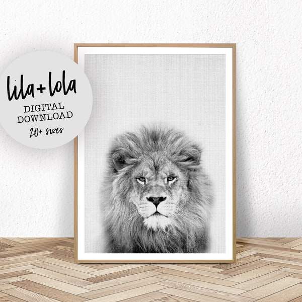 Nursery Animal Print, Lion Print, Wall Art, Kids Room Poster, Printable Boys Gift, Digital Download, Black and White Lion, Lila and Lola