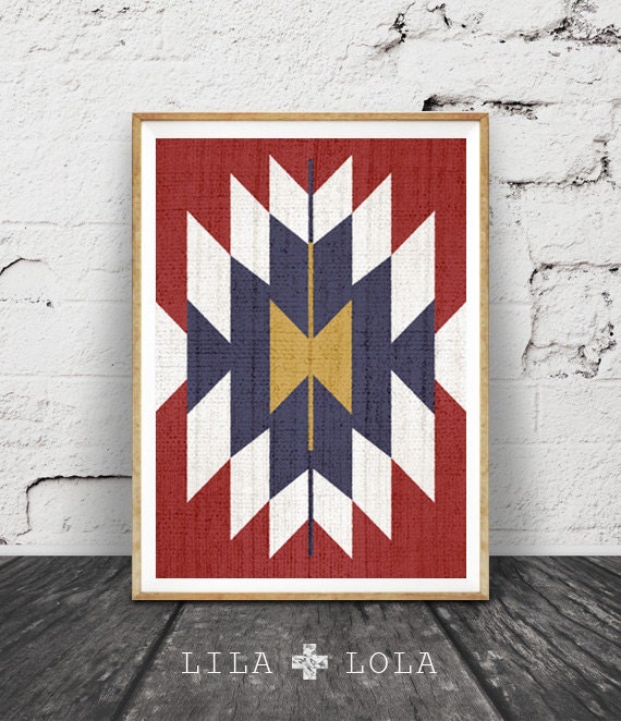 Aztec Print Western Art Decor Mexican Rug Mexico Tribal Red Blue White Gold Wall Art Printable Instant Download