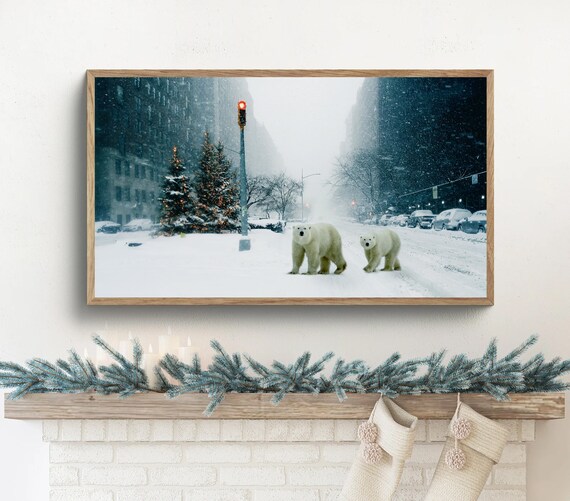 Samsung Frame TV Art Christmas ~ Polar Bears in New York City in Winter ~ Snow and Christmas Trees