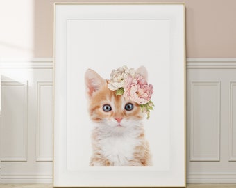 Kitten Wall Art Print with Flower Crown ~ Girls Bedroom Decor ~ Printable Digital Download