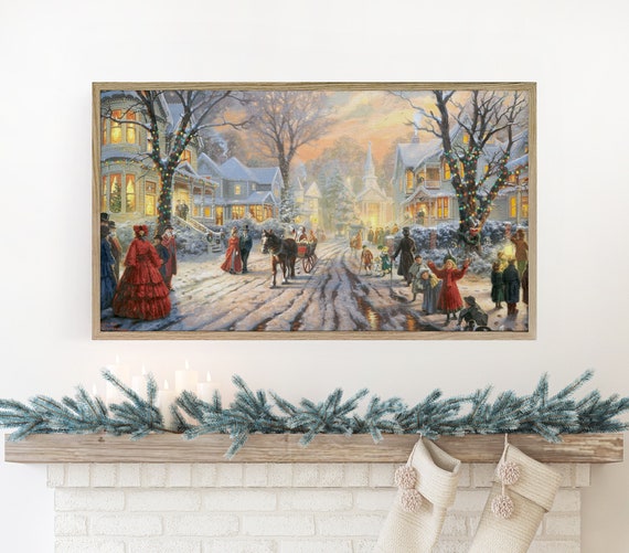 Samsung Frame TV Art Christmas ~ Vintage Old Village Town Painting in Winter