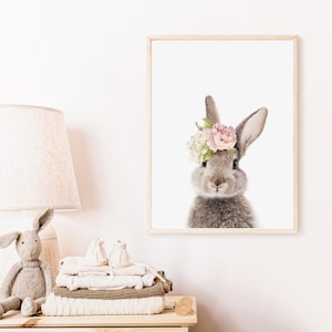 Nursery Wall Art Bunny Print Girls Bedroom Decor Rabbit with Floral Crown Printed and Shipped image 2