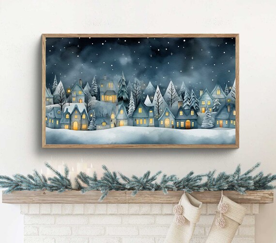 Samsung frame tv art Christmas, frame tv art Winter scene, little village houses, stary night sky, watercolour painting, navy blue and gold