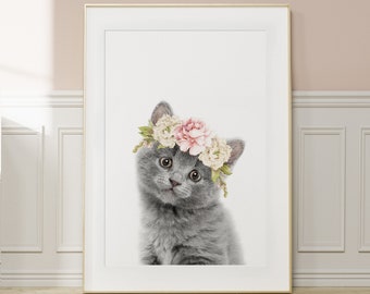Floral Crown Kitten Print: Baby Animal Wall Art (Digital Download)