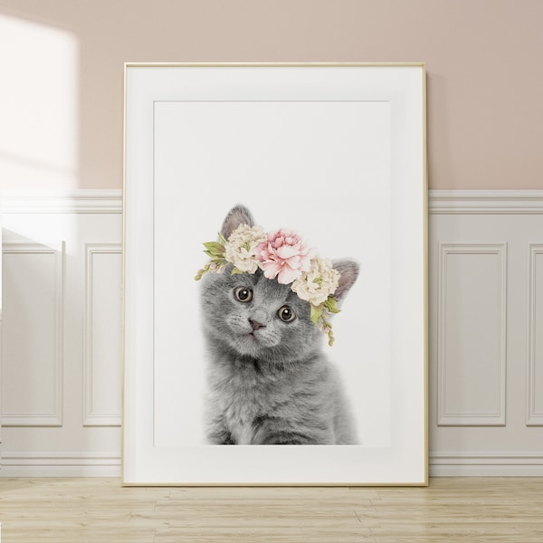 Kitten Wall Art ~ Baby Cat Print ~ Girls Bedroom Decor ~ Baby Animal with Floral Crown ~ Printable Digital Download